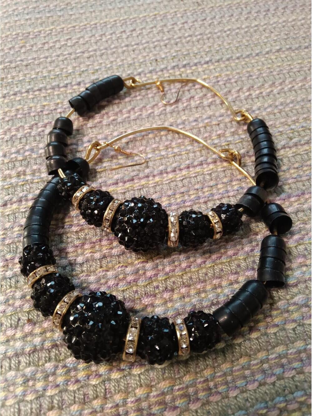 Black Beaded Earrings Gold Tone matte black, Glass And Plastic Beads 4 Inch Hoop